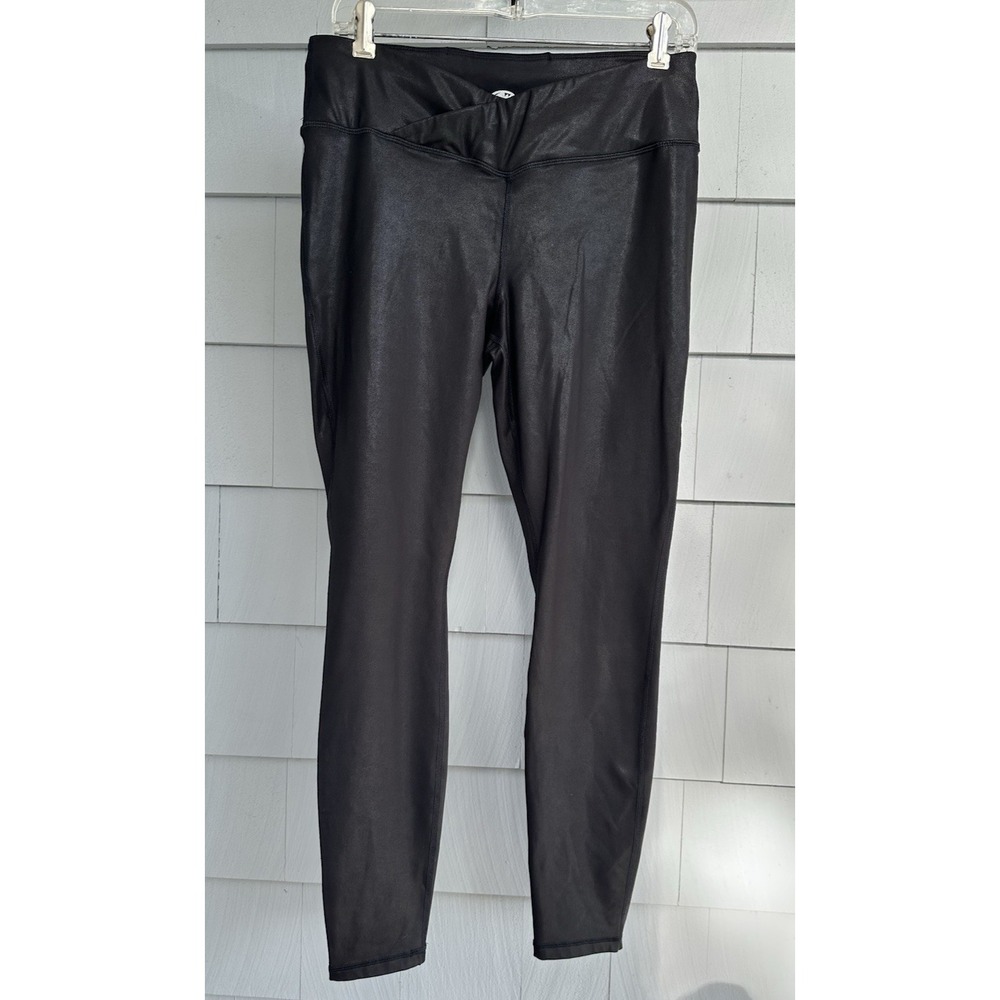 Women's Faux Leather Leggings Black Size L 12-14 Mid Rise Crossover Waist